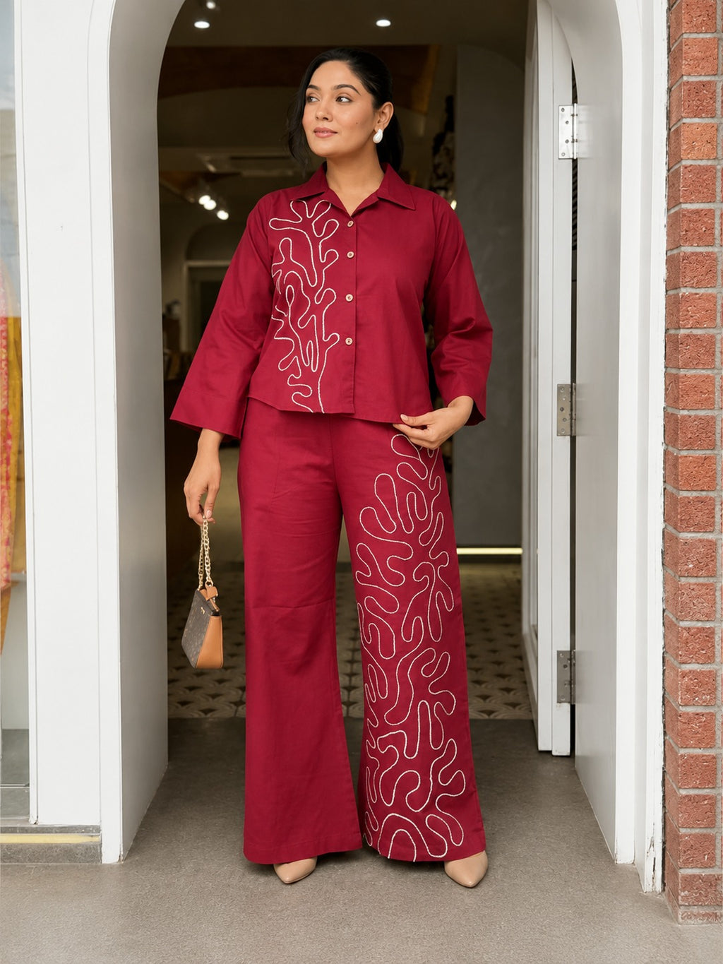 Ruby Coral Thread Embroidered Cotton Co-Ord Set