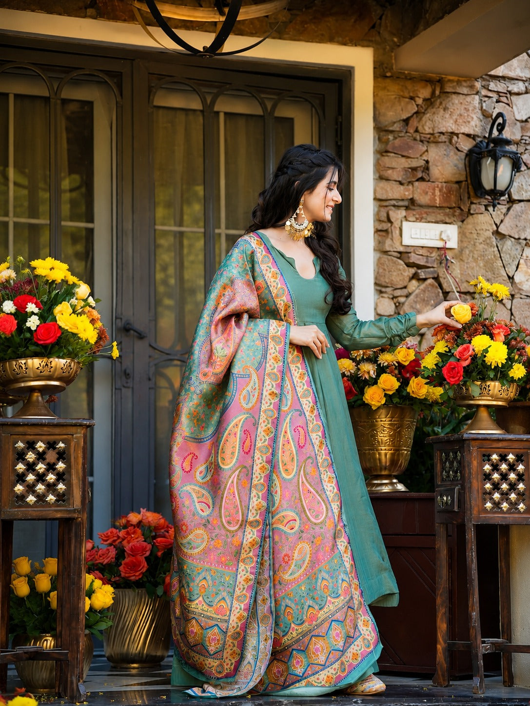 Aqua Blue NC Silk Crush Flared Top Palazzo Dupatta Set