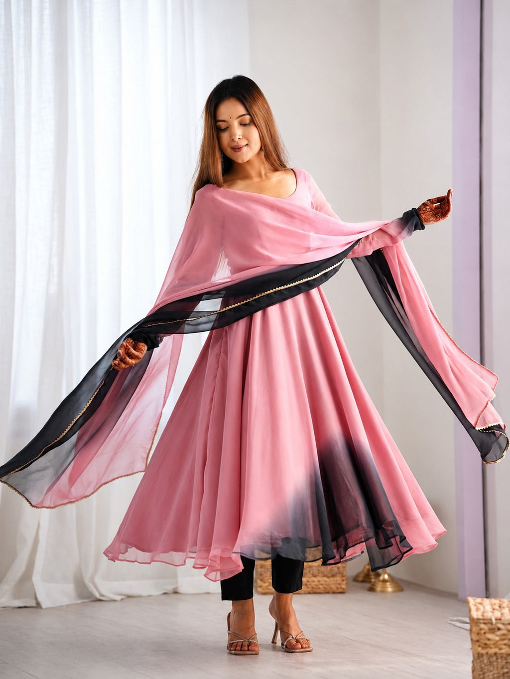 Angel Pink & black Anarkali Suit Set