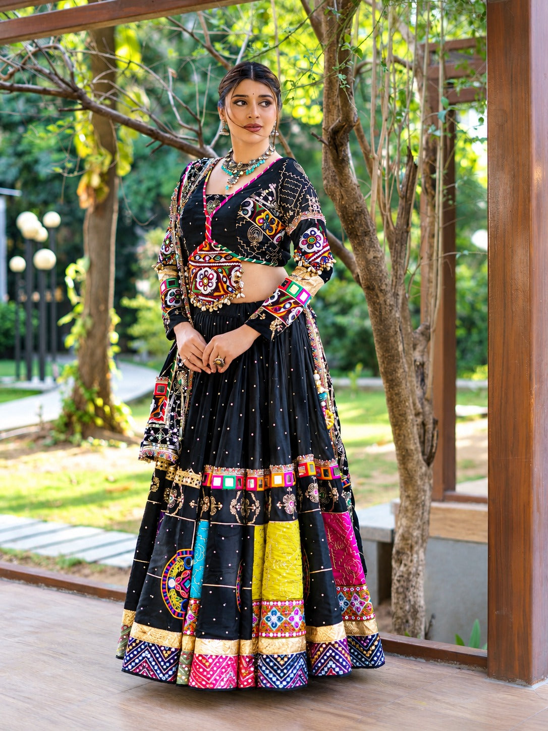 Ishita Multicolor Mirror Work Muslin Cotton Lehenga Choli Set