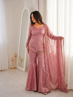 Dusty Pink Fendy Silk Embroidered Sequence Sharara Suit Set