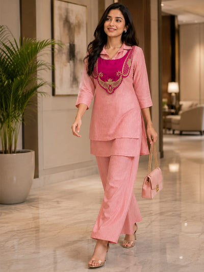 Mohika Rose Pink Crunchy Silk Embroidered Koti Kurti & Palazzo Set