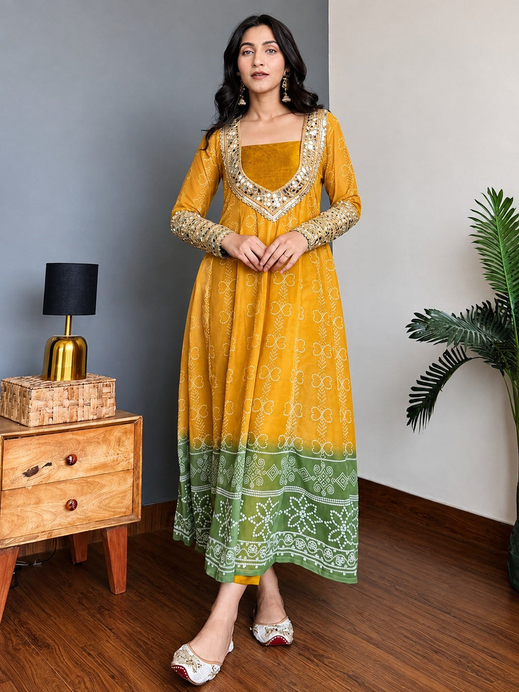 Mustard Bandhani Print Mirror Work Kurta Pant Set