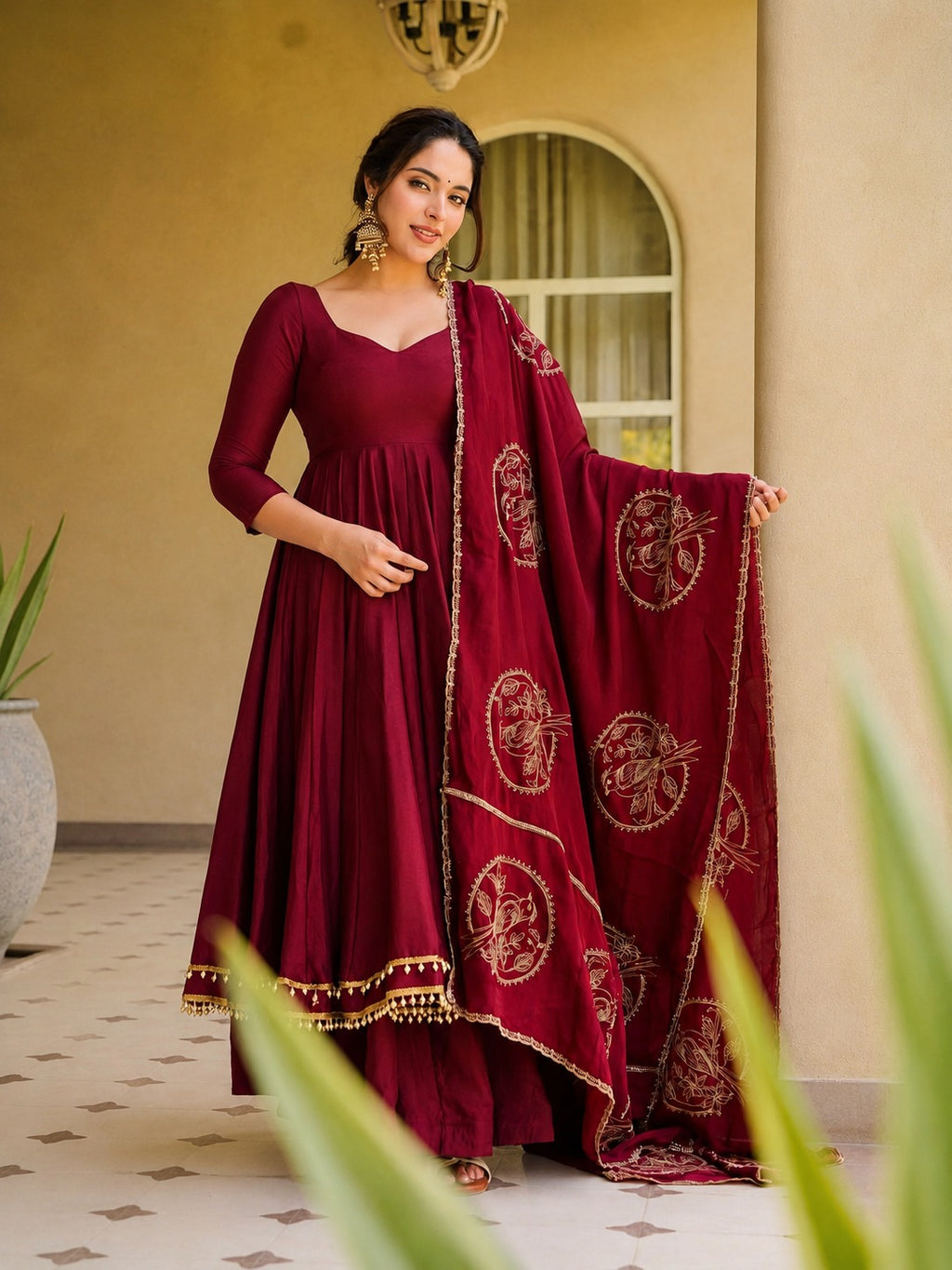 Aarohi Maroon Roman Silk Anarkali Suit Set with Embroidered Chanderi Dupatta & Palazzo
