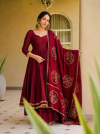 Aarohi Maroon Roman Silk Anarkali Suit Set with Embroidered Chanderi Dupatta & Palazzo