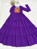 Aaradhya Purple Laheriya Printed Gamthi Work 4-Layer Flared Anarkali Gown