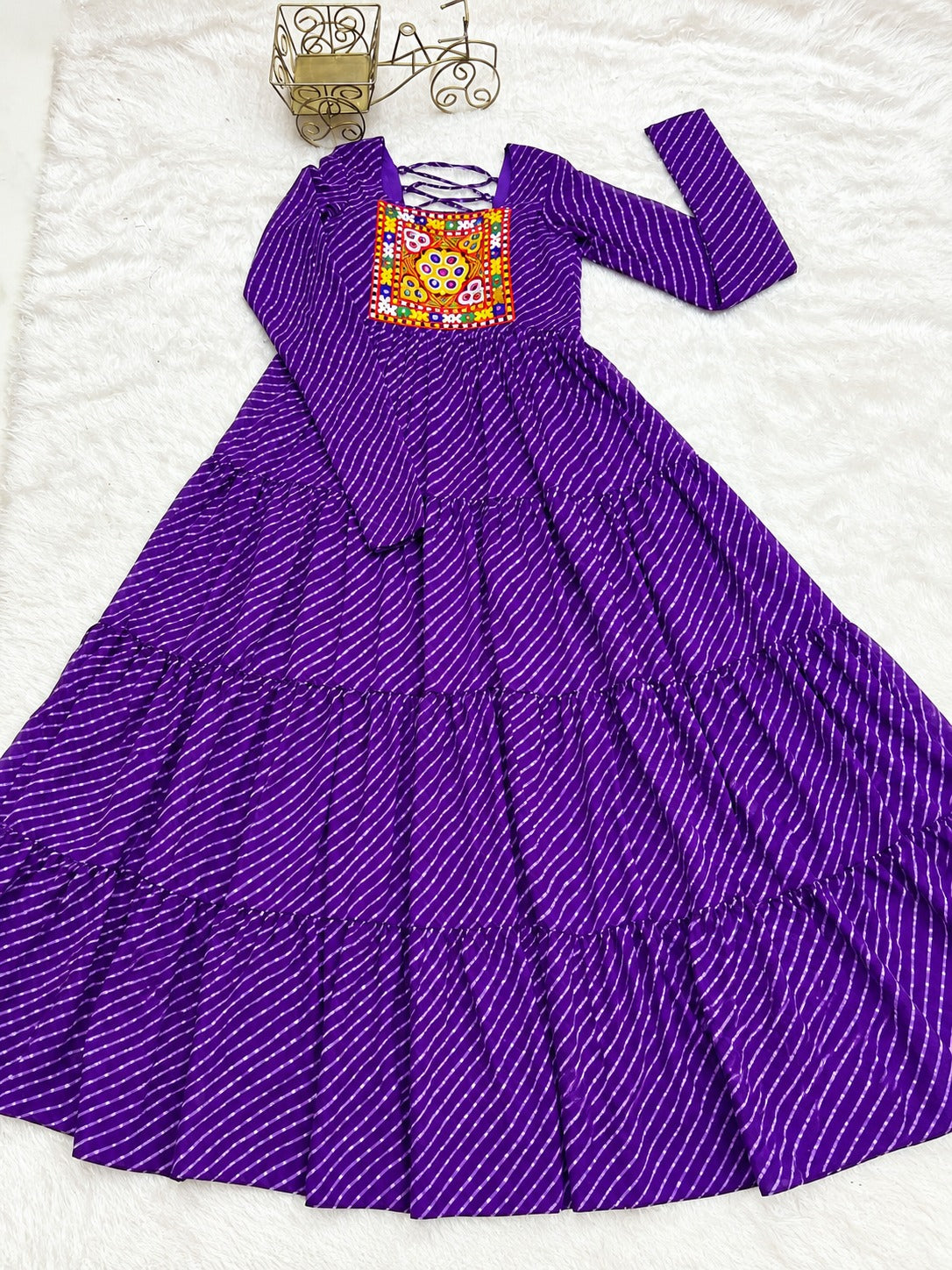 Aaradhya Purple Laheriya Printed Gamthi Work 4-Layer Flared Anarkali Gown