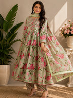 Noor Sage Floral Printed Anarkali Kurta Set with Dupatta
