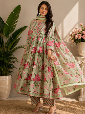 Noor Sage Floral Printed Anarkali Kurta Set with Dupatta