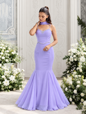 Mahira Lavender Georgette Diamond Work Fish-Cut Gown Set