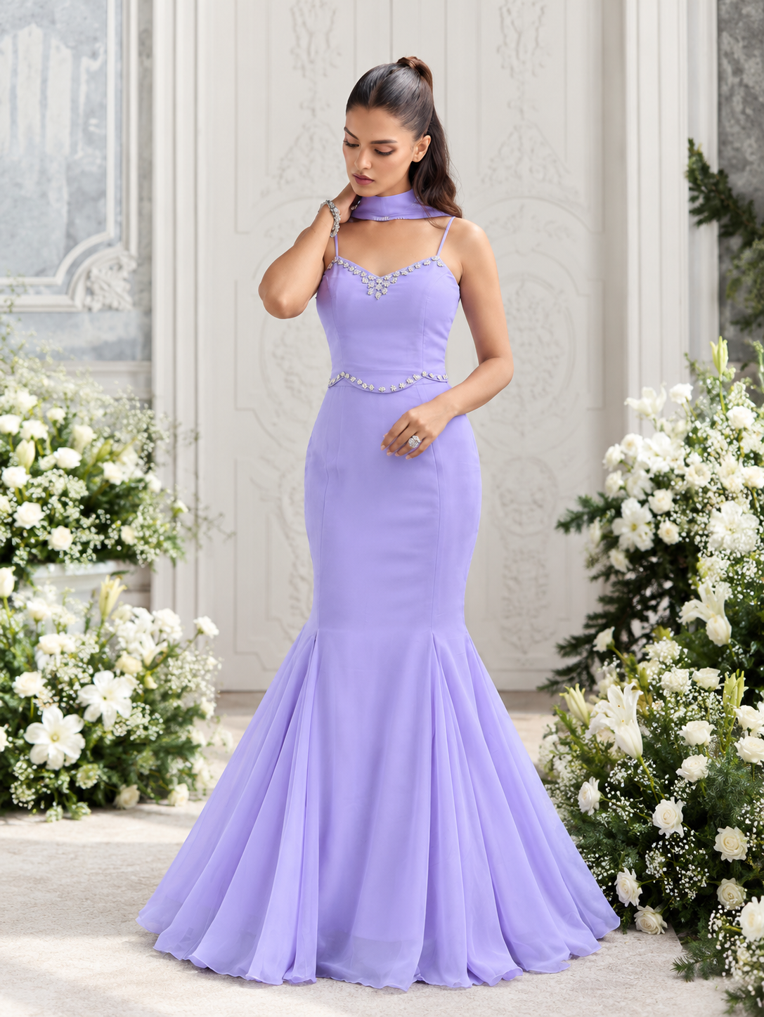 Mahira Lavender Georgette Diamond Work Fish-Cut Gown Set