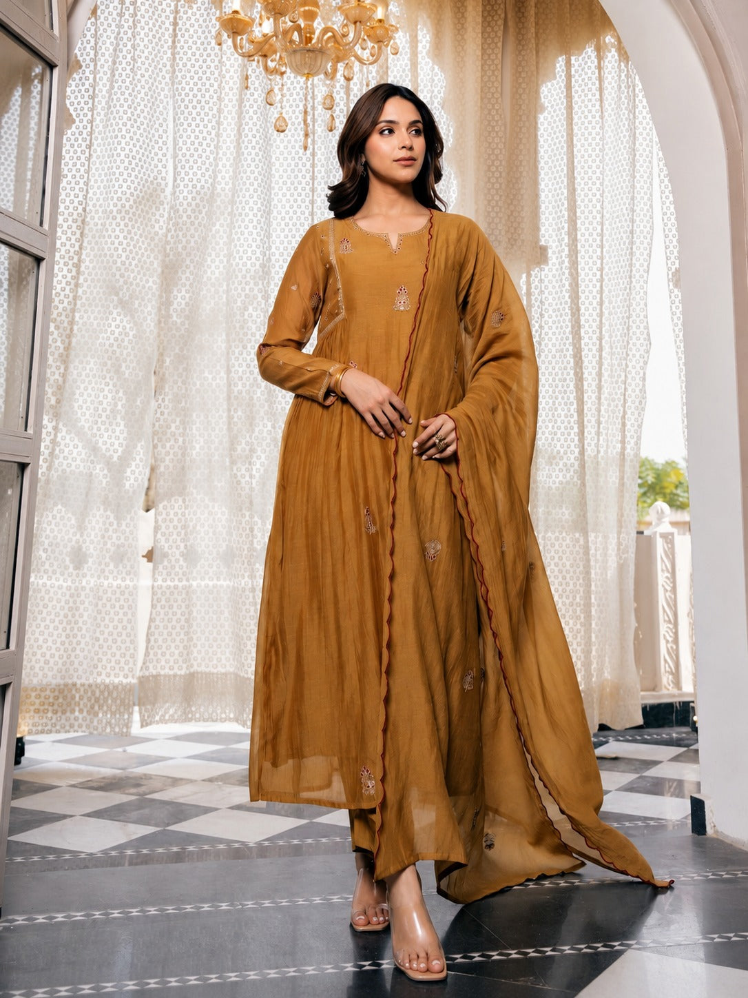 Mustard Premium Chinnon Embroidered A-Line Anarkali Pant & Dupatta Set