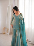 Sea Green Fendy Silk Embroidered Sequence Sharara Suit Set