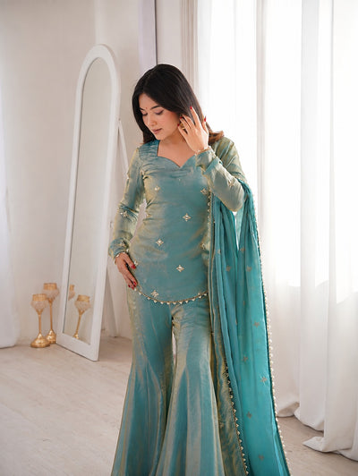 Sea Green Fendy Silk Embroidered Sequence Sharara Suit Set