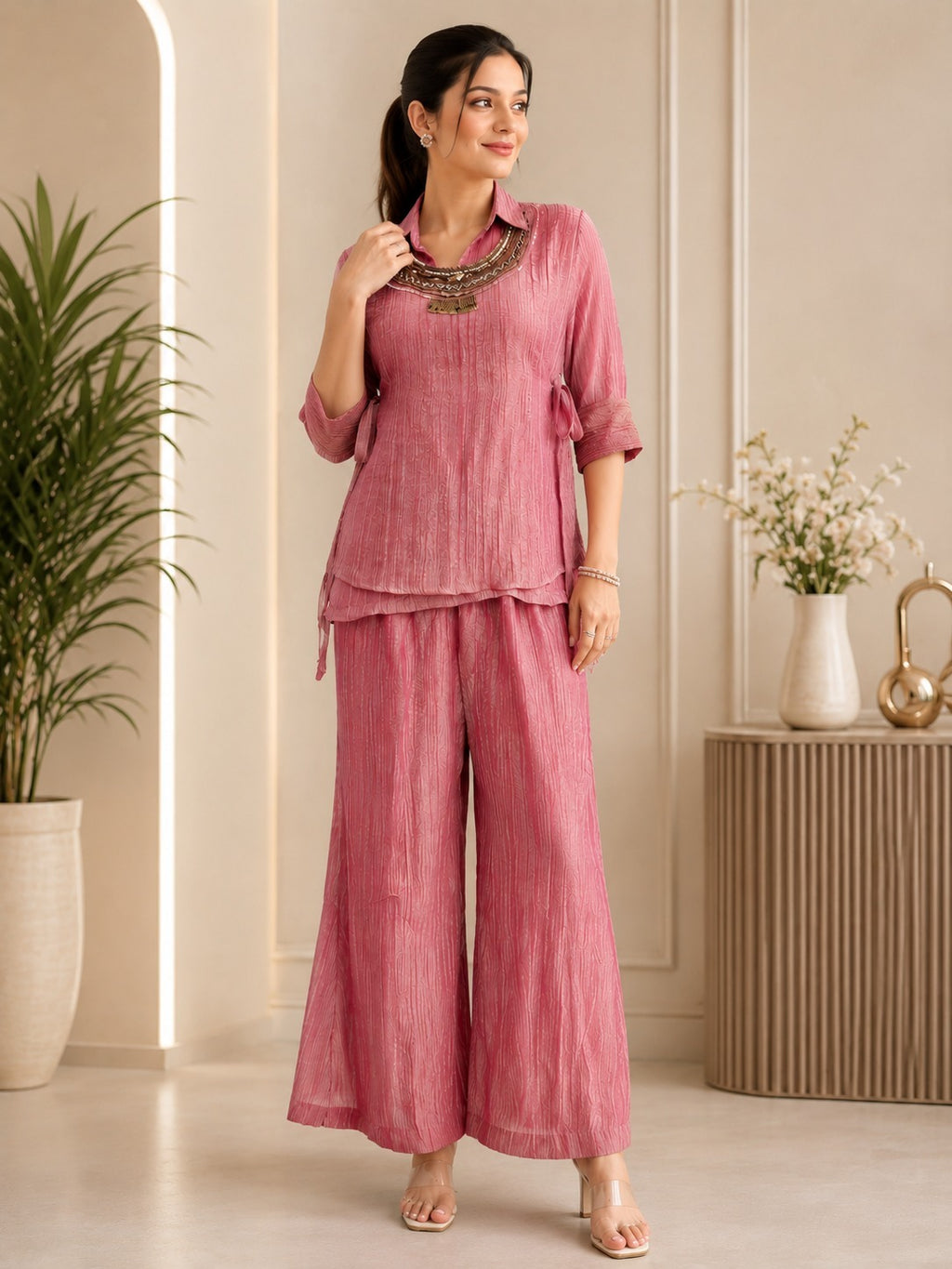 Pink Salsa Crushed Hand Work 3-Piece Co-Ord Set