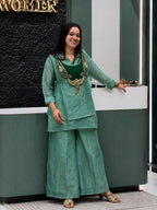 Mohika Mint Green Crunchy Silk Embroidered Koti Kurti & Palazzo Set