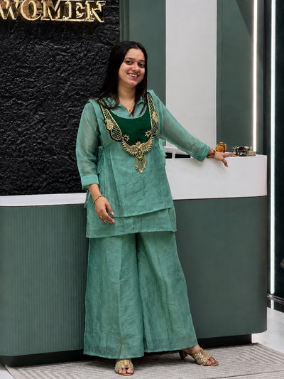 Mohika Mint Green Crunchy Silk Embroidered Koti Kurti & Palazzo Set
