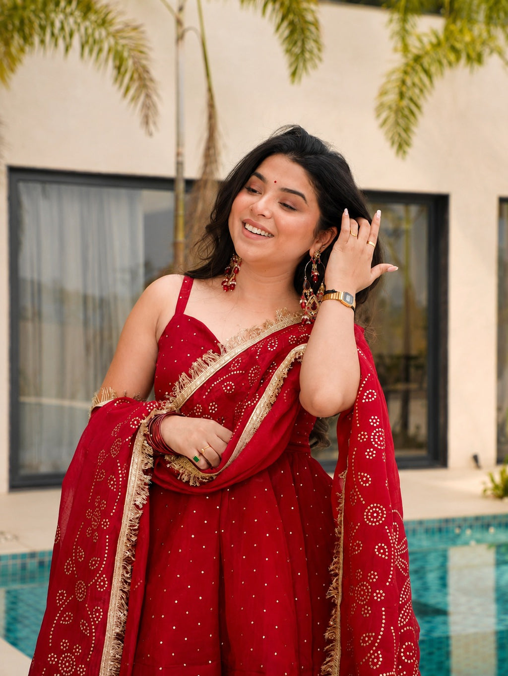 Red Mukaish Work Tabby Organza Sharara Set