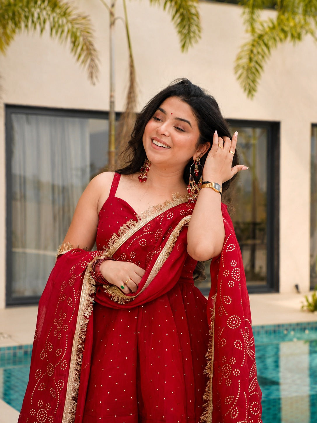 Red Mukaish Work Tabby Organza Sharara Set