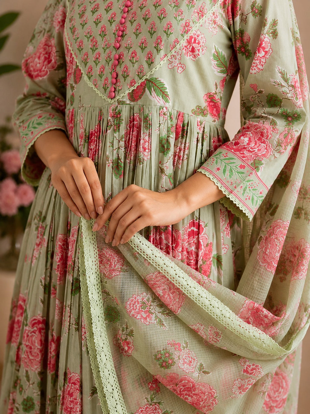 Noor Sage Floral Printed Anarkali Kurta Set with Dupatta