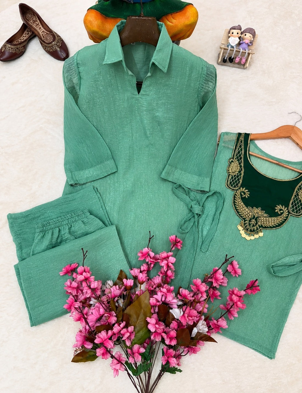 Mohika Mint Green Crunchy Silk Embroidered Koti Kurti & Palazzo Set