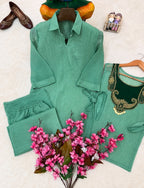 Mohika Mint Green Crunchy Silk Embroidered Koti Kurti & Palazzo Set