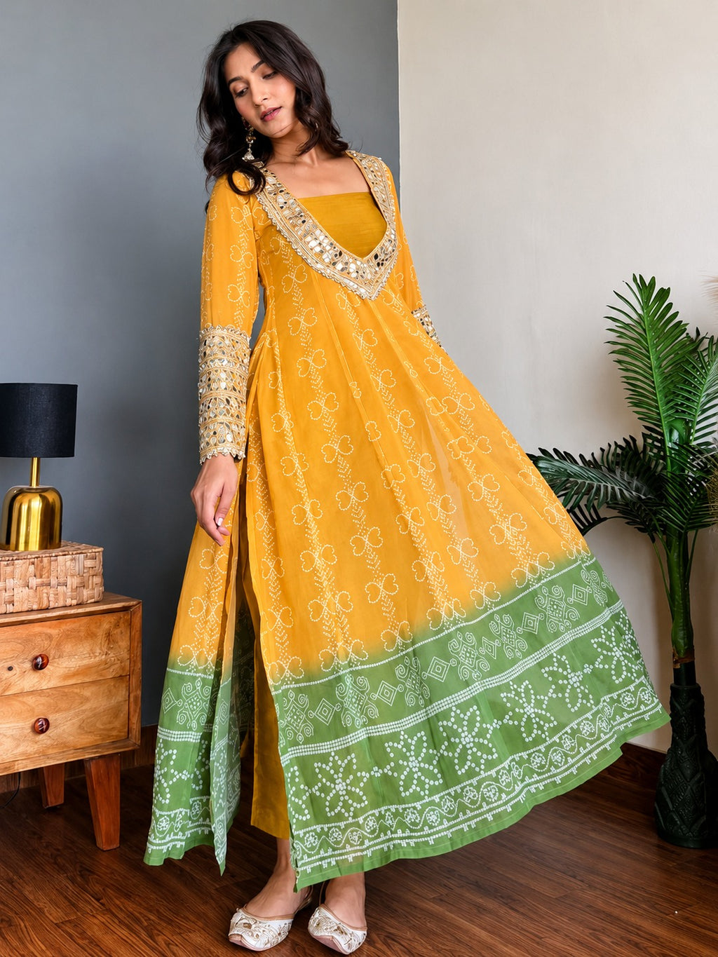 Mustard Bandhani Print Mirror Work Kurta Pant Set