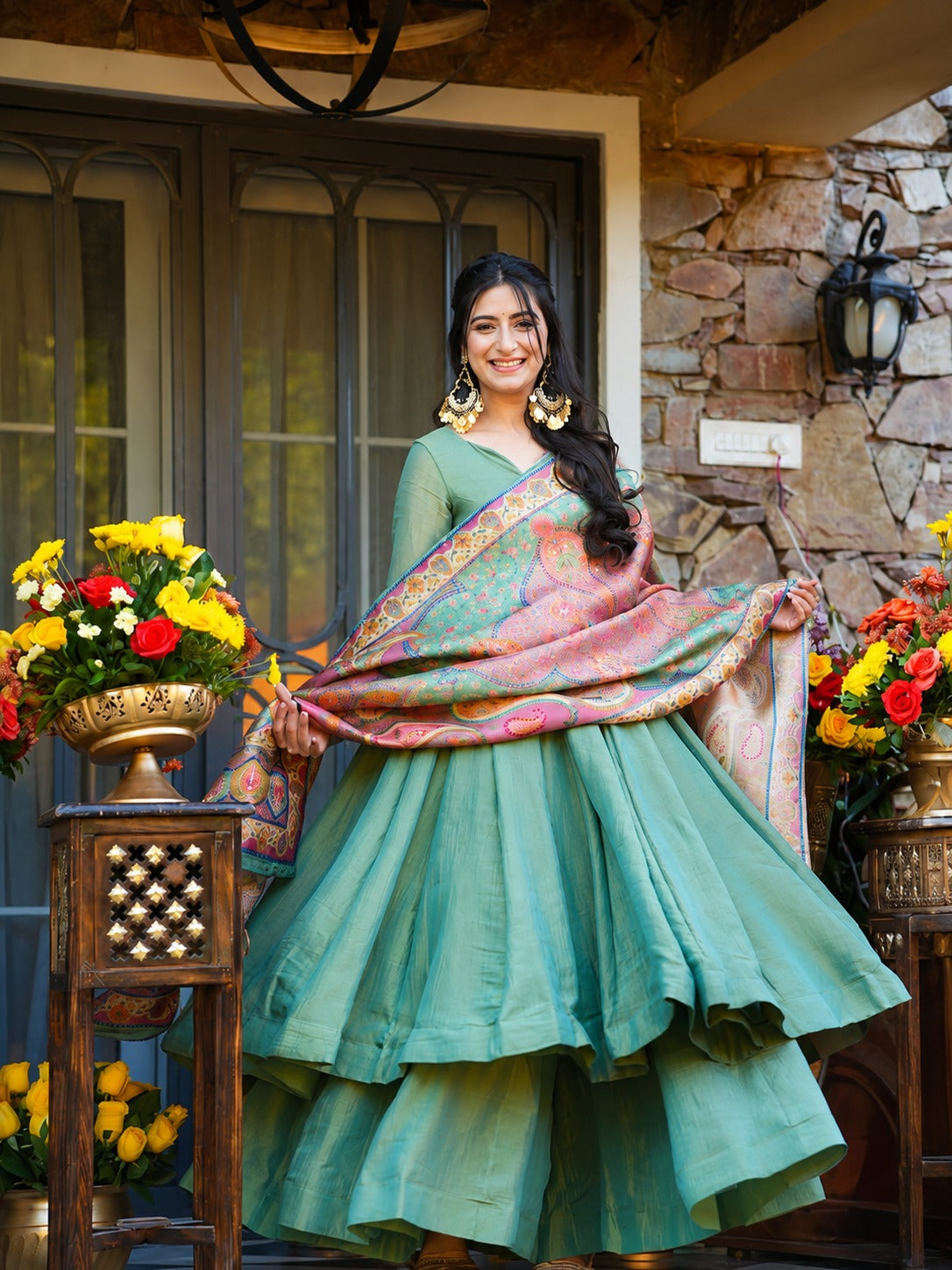 Aqua Blue NC Silk Crush Flared Top Palazzo Dupatta Set