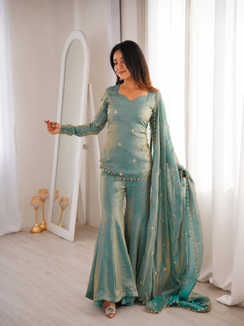 Sea Green Fendy Silk Embroidered Sequence Sharara Suit Set