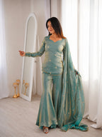 Sea Green Fendy Silk Embroidered Sequence Sharara Suit Set