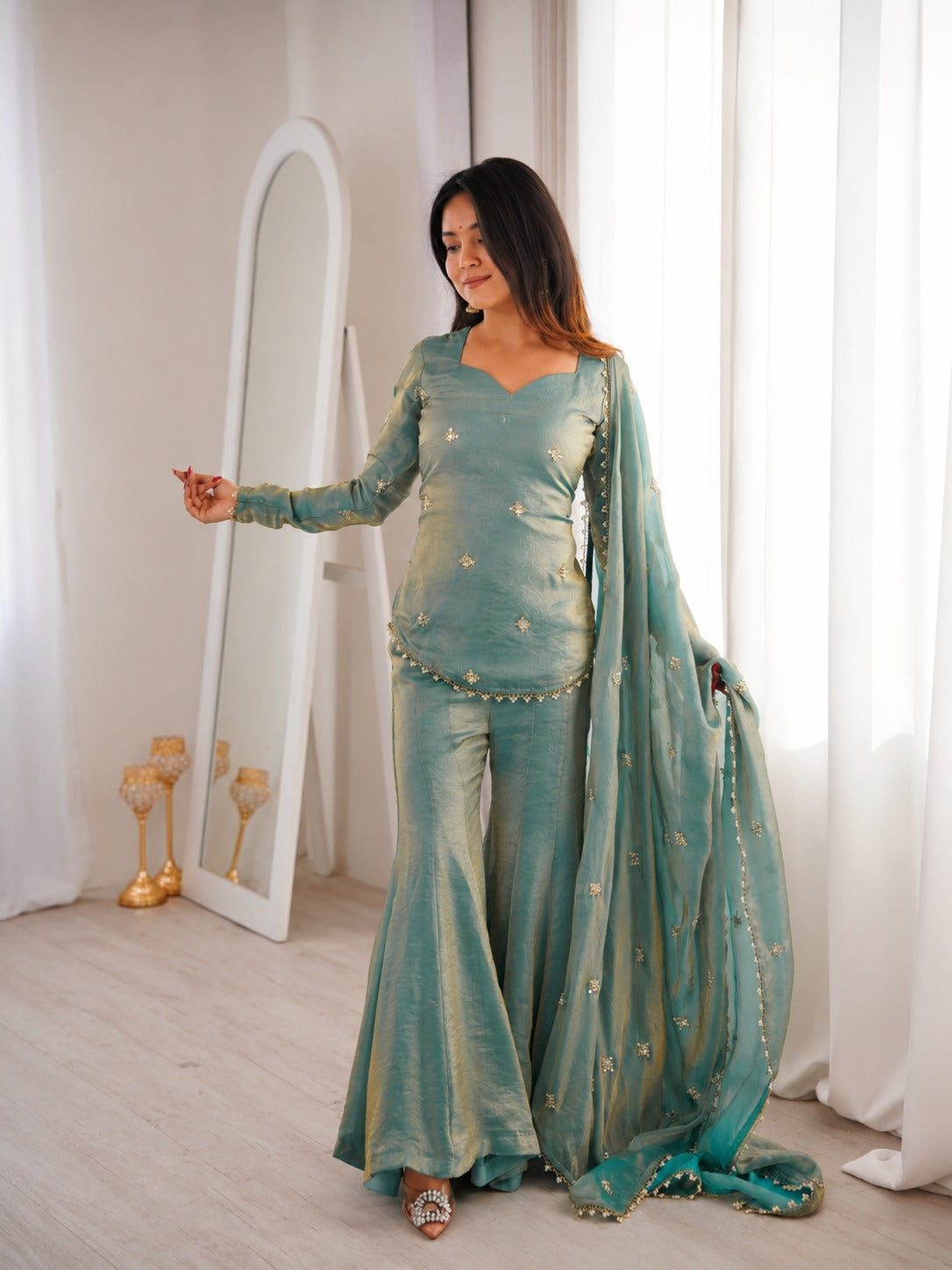 Sea Green Fendy Silk Embroidered Sequence Sharara Suit Set