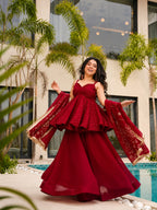 Red Mukaish Work Tabby Organza Sharara Set