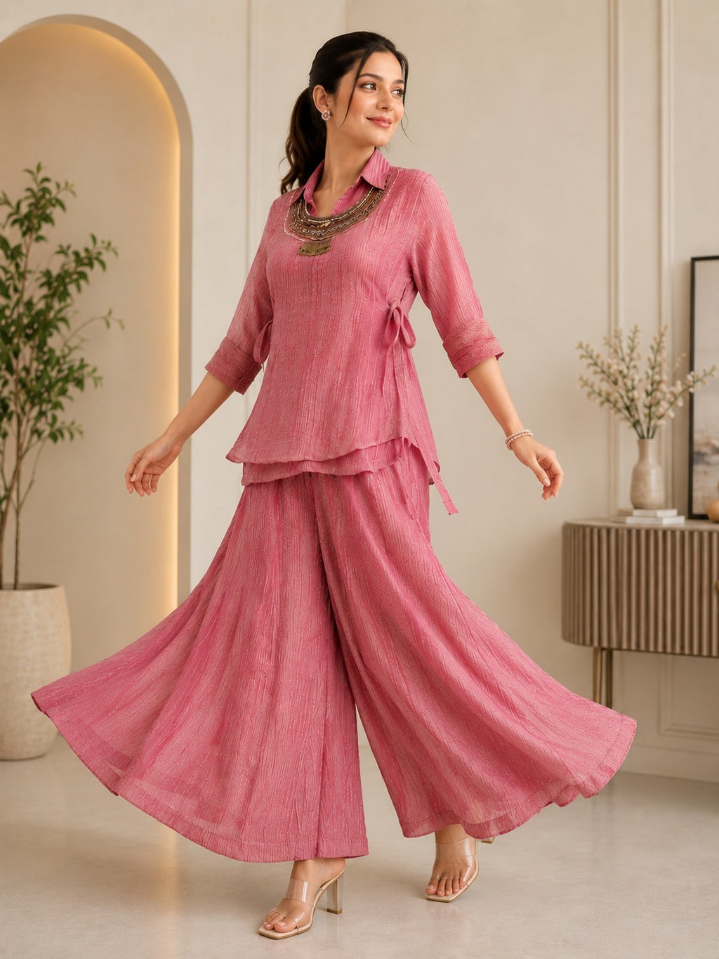 Pink Salsa Crushed Hand Work 3-Piece Co-Ord Set