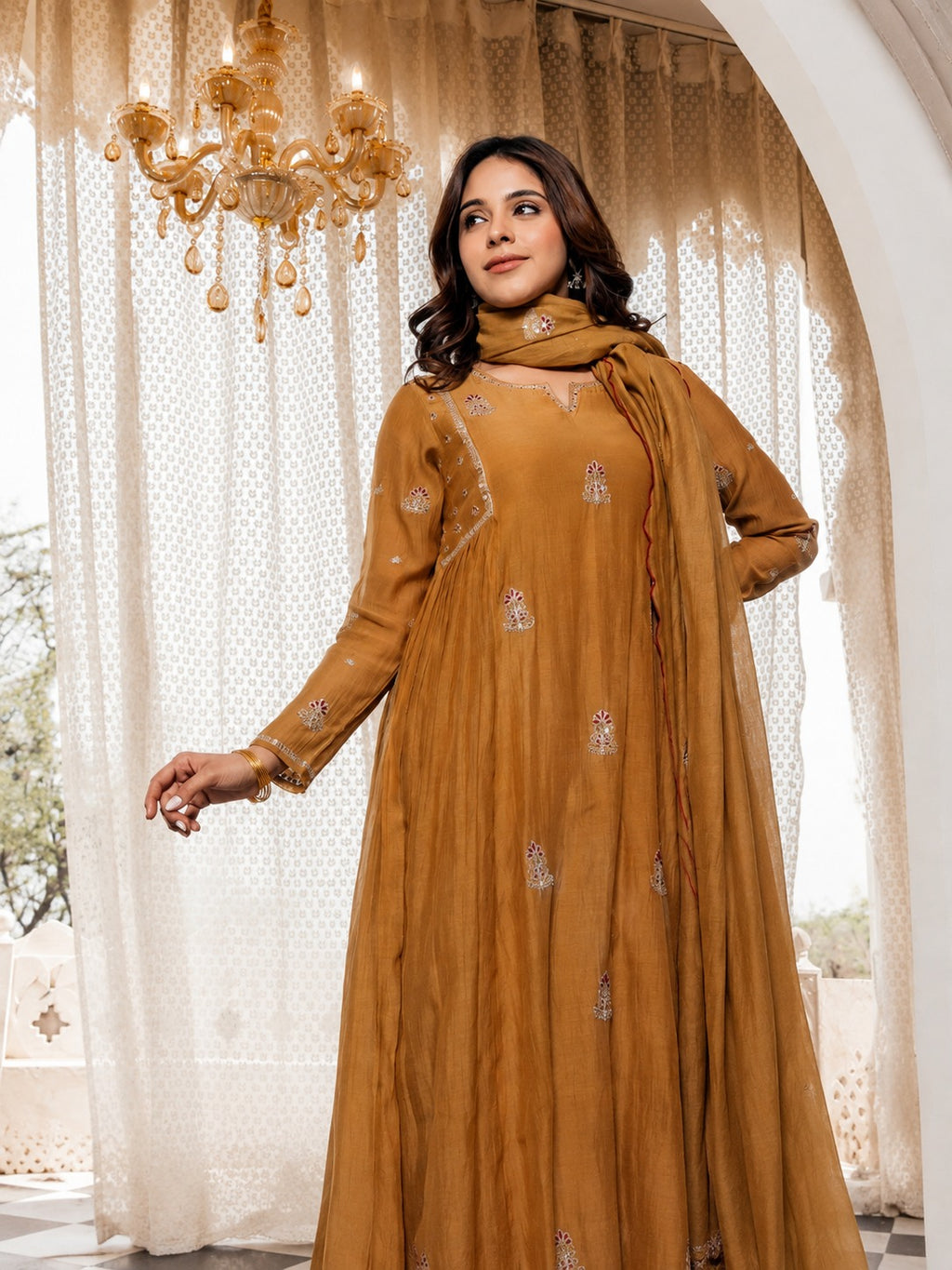 Mustard Premium Chinnon Embroidered A-Line Anarkali Pant & Dupatta Set
