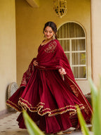 Aarohi Maroon Roman Silk Anarkali Suit Set with Embroidered Chanderi Dupatta & Palazzo
