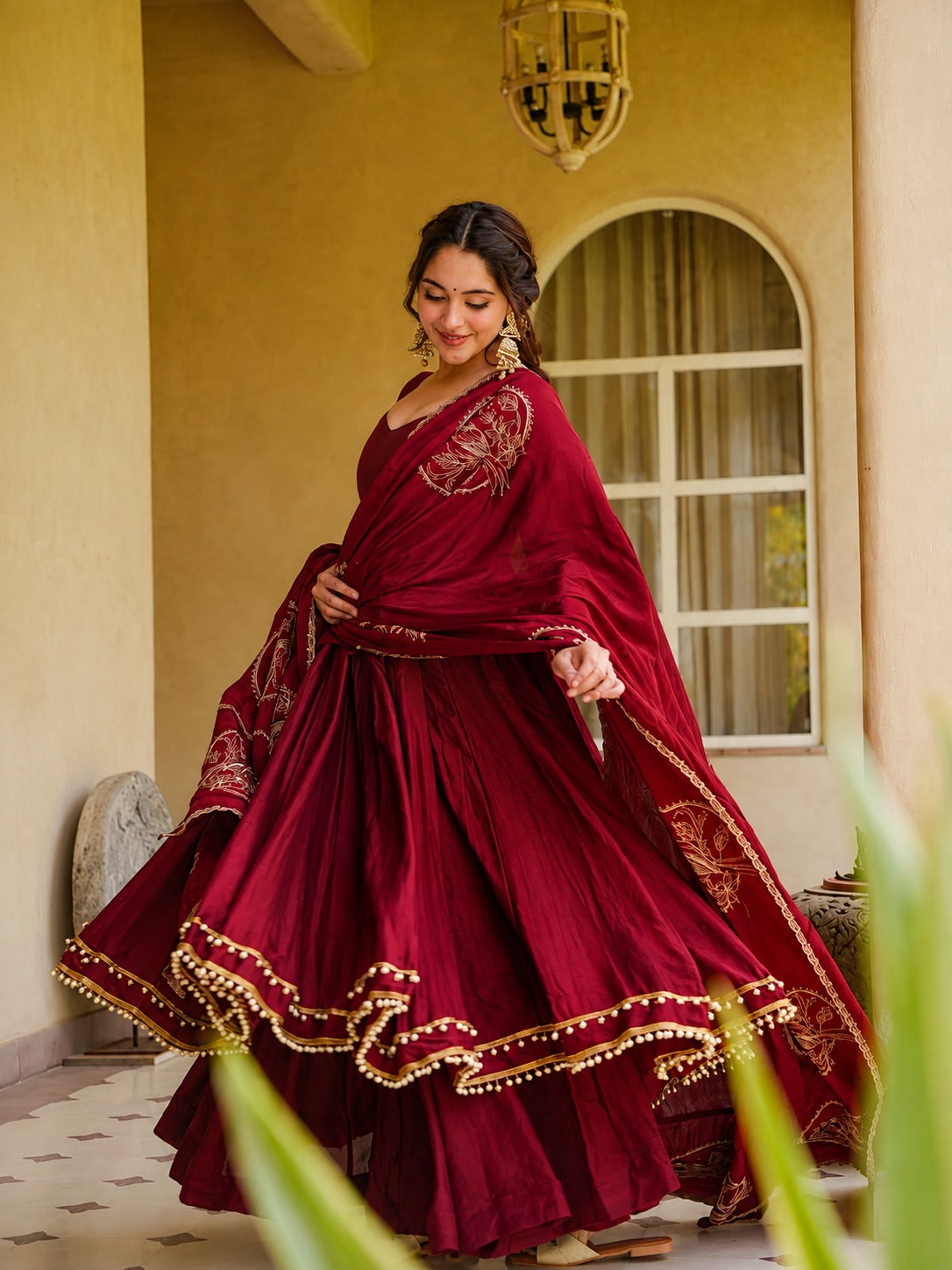 Aarohi Maroon Roman Silk Anarkali Suit Set with Embroidered Chanderi Dupatta & Palazzo