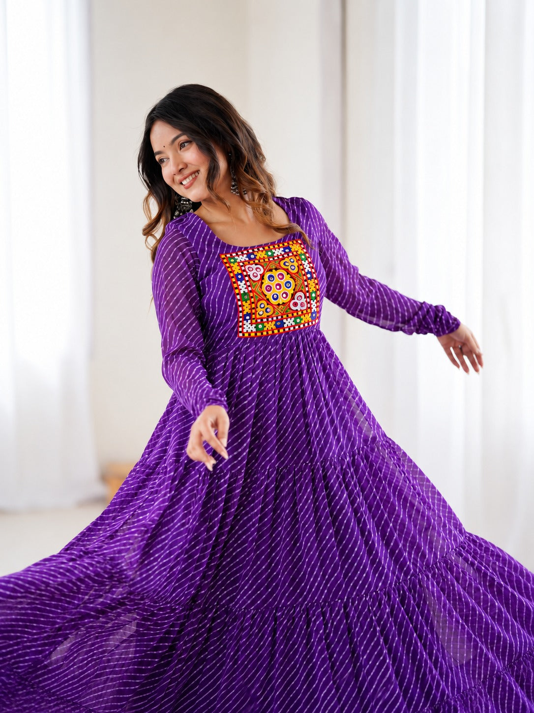 Aaradhya Purple Laheriya Printed Gamthi Work 4-Layer Flared Anarkali Gown