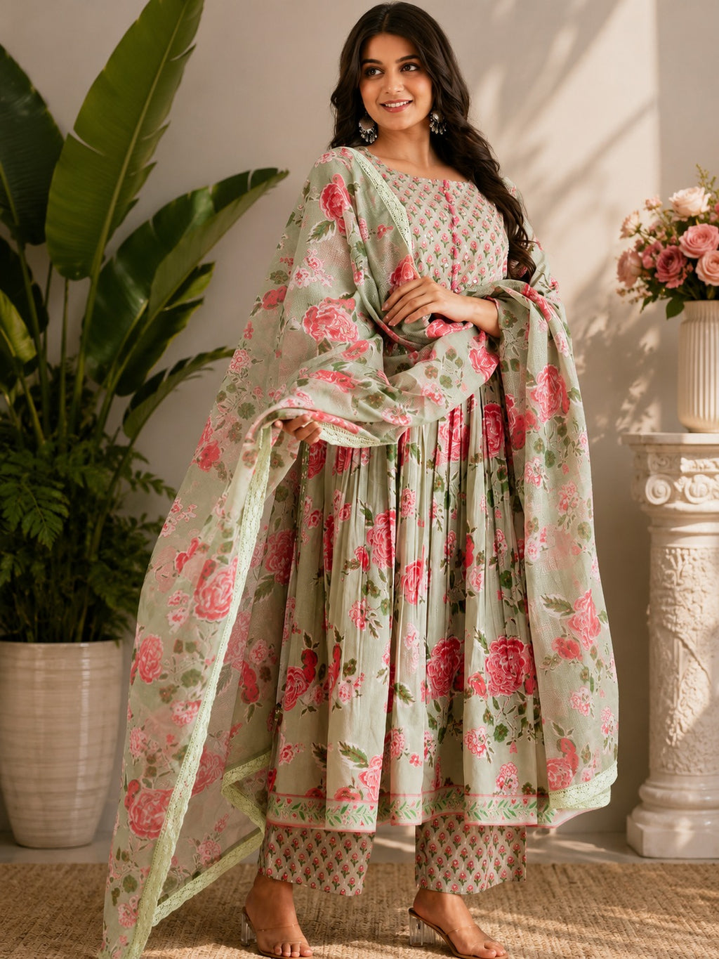Noor Sage Floral Printed Anarkali Kurta Set with Dupatta