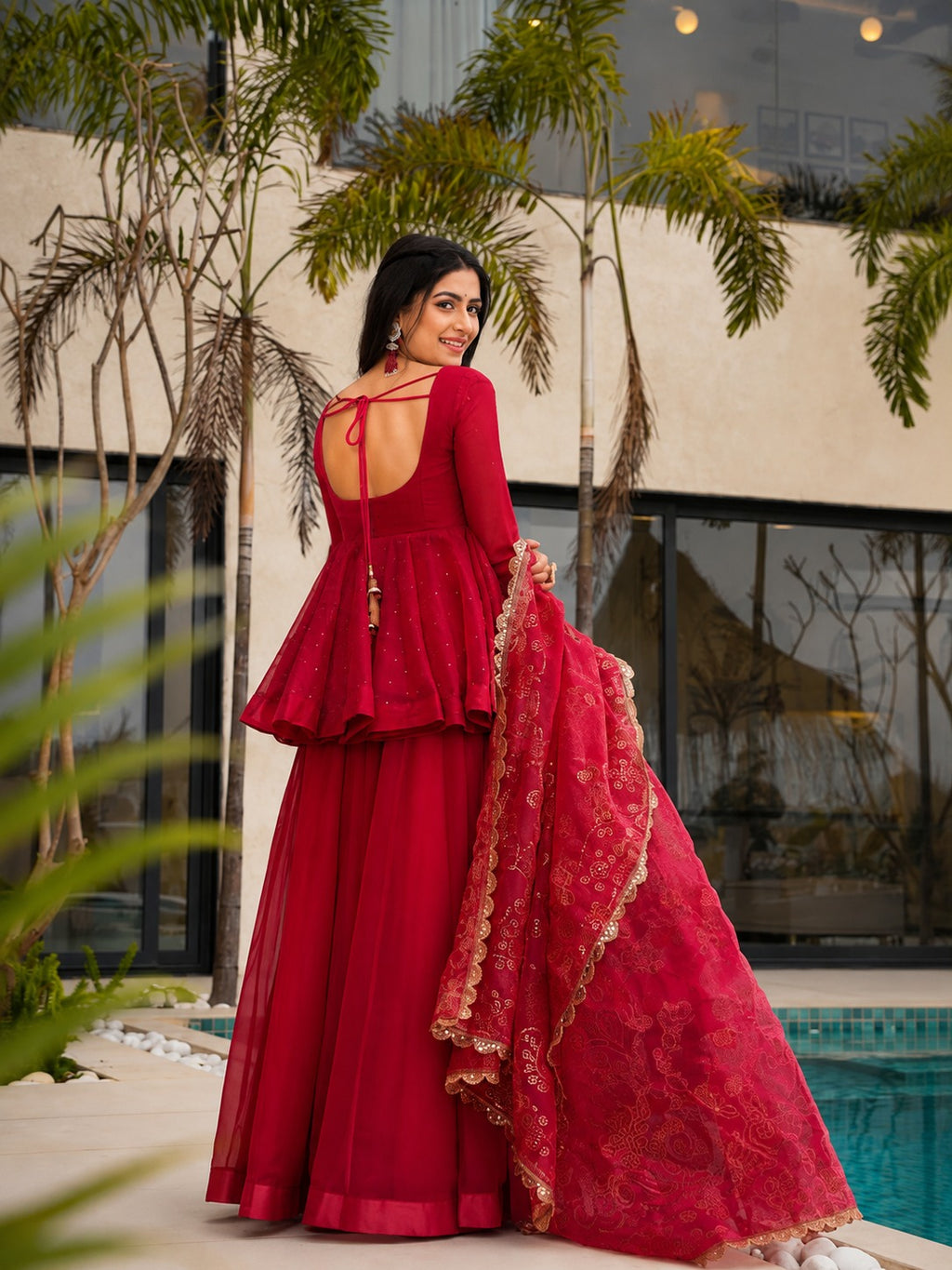 Red Mukaish Work Tabby Organza Sharara Set