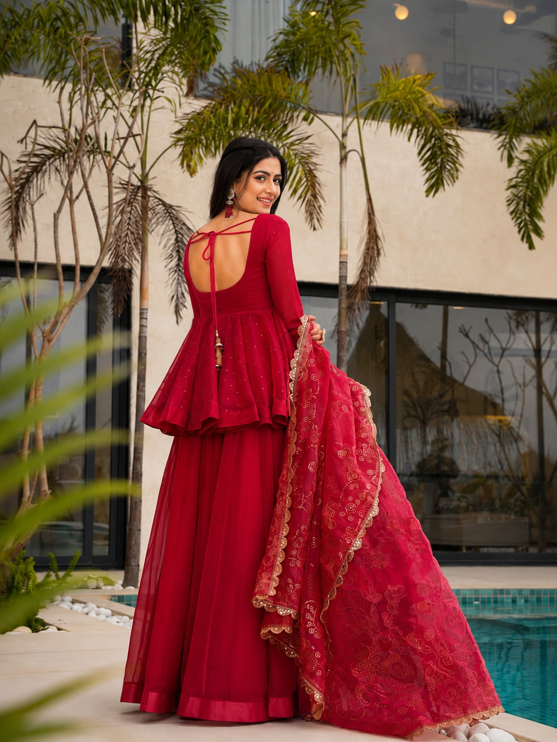 Red Mukaish Work Tabby Organza Sharara Set