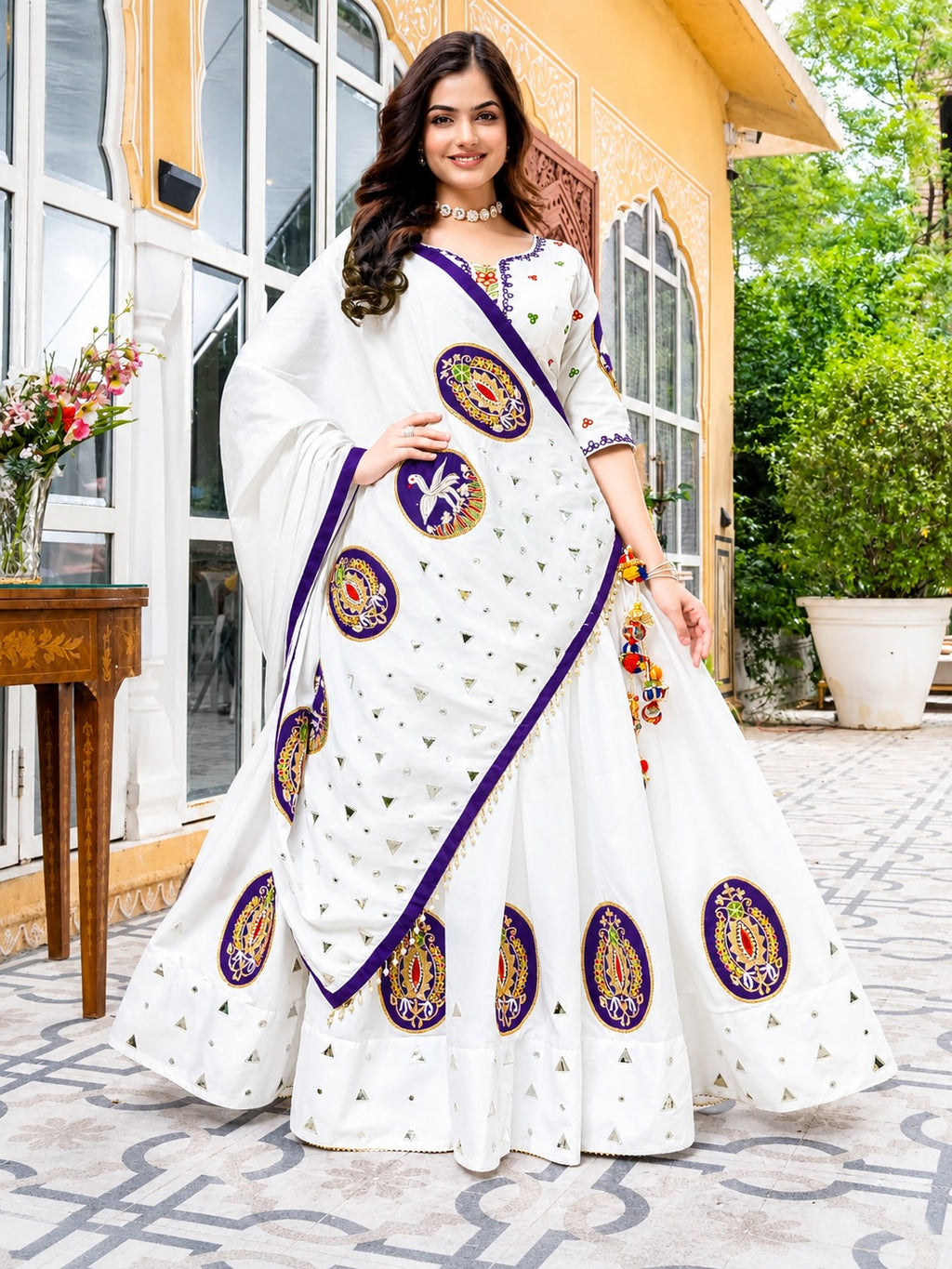 Hensi White & Purple Heavy Muslin Cotton Mirror Work Lehenga Choli Set