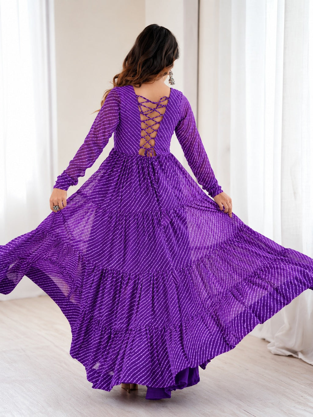 Aaradhya Purple Laheriya Printed Gamthi Work 4-Layer Flared Anarkali Gown