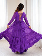 Aaradhya Purple Laheriya Printed Gamthi Work 4-Layer Flared Anarkali Gown