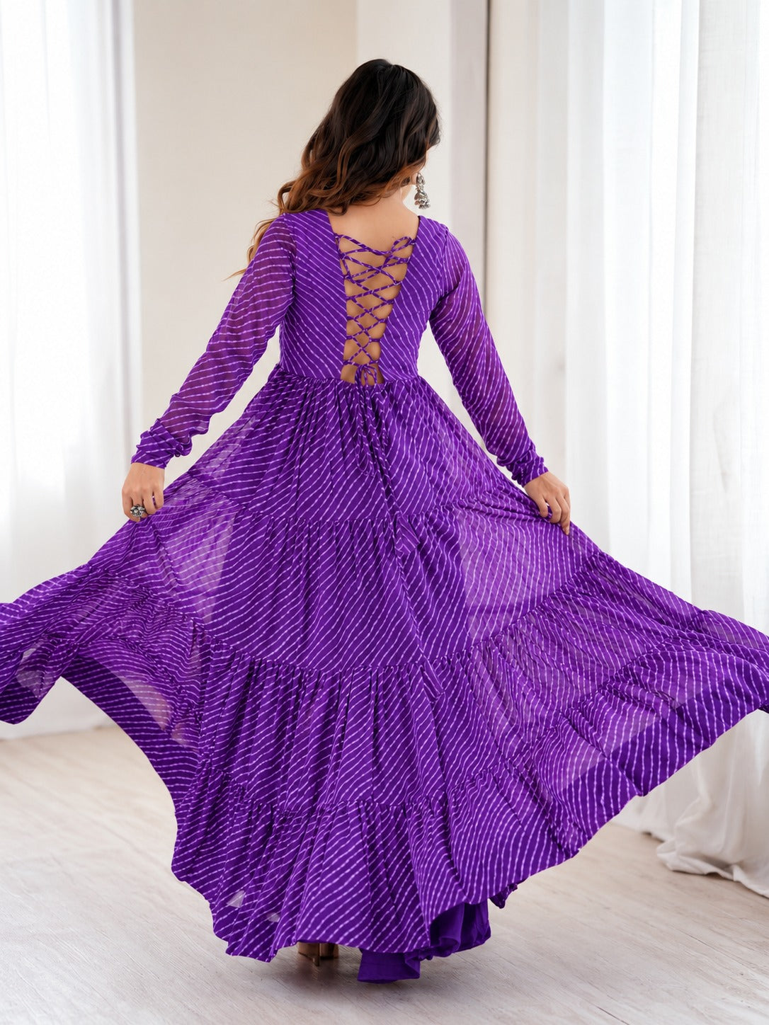 Aaradhya Purple Laheriya Printed Gamthi Work 4-Layer Flared Anarkali Gown