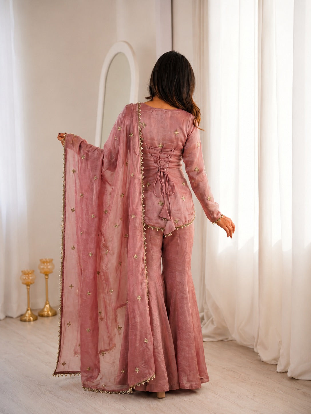 Dusty Pink Fendy Silk Embroidered Sequence Sharara Suit Set