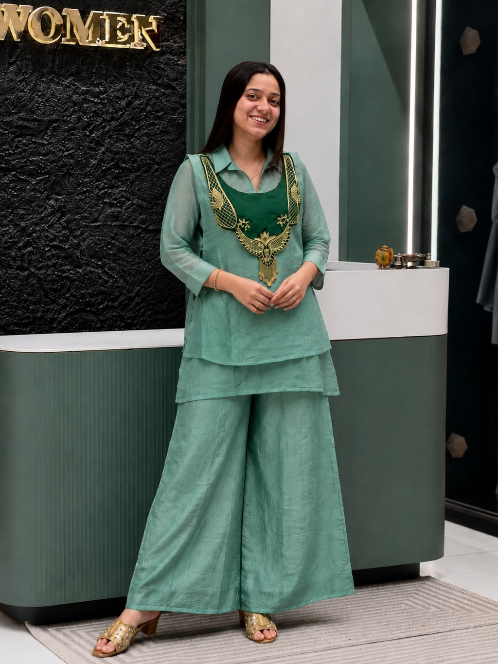 Mohika Mint Green Crunchy Silk Embroidered Koti Kurti & Palazzo Set
