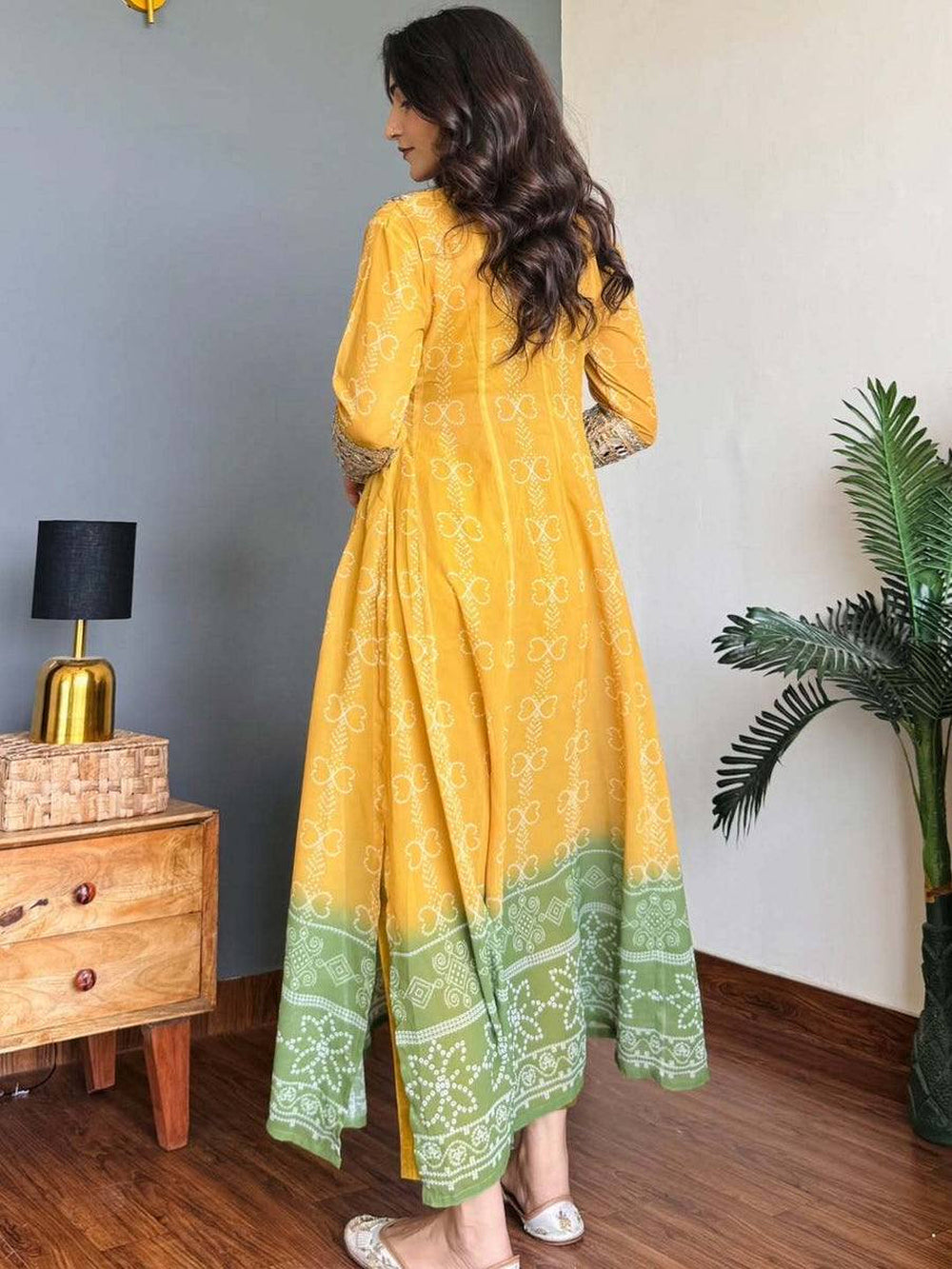 Mustard Bandhani Print Mirror Work Kurta Pant Set