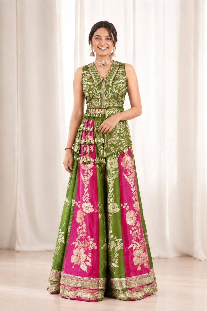 Shree pink & green Bloom Printed Embroidered Dupatta & Palazzo Set