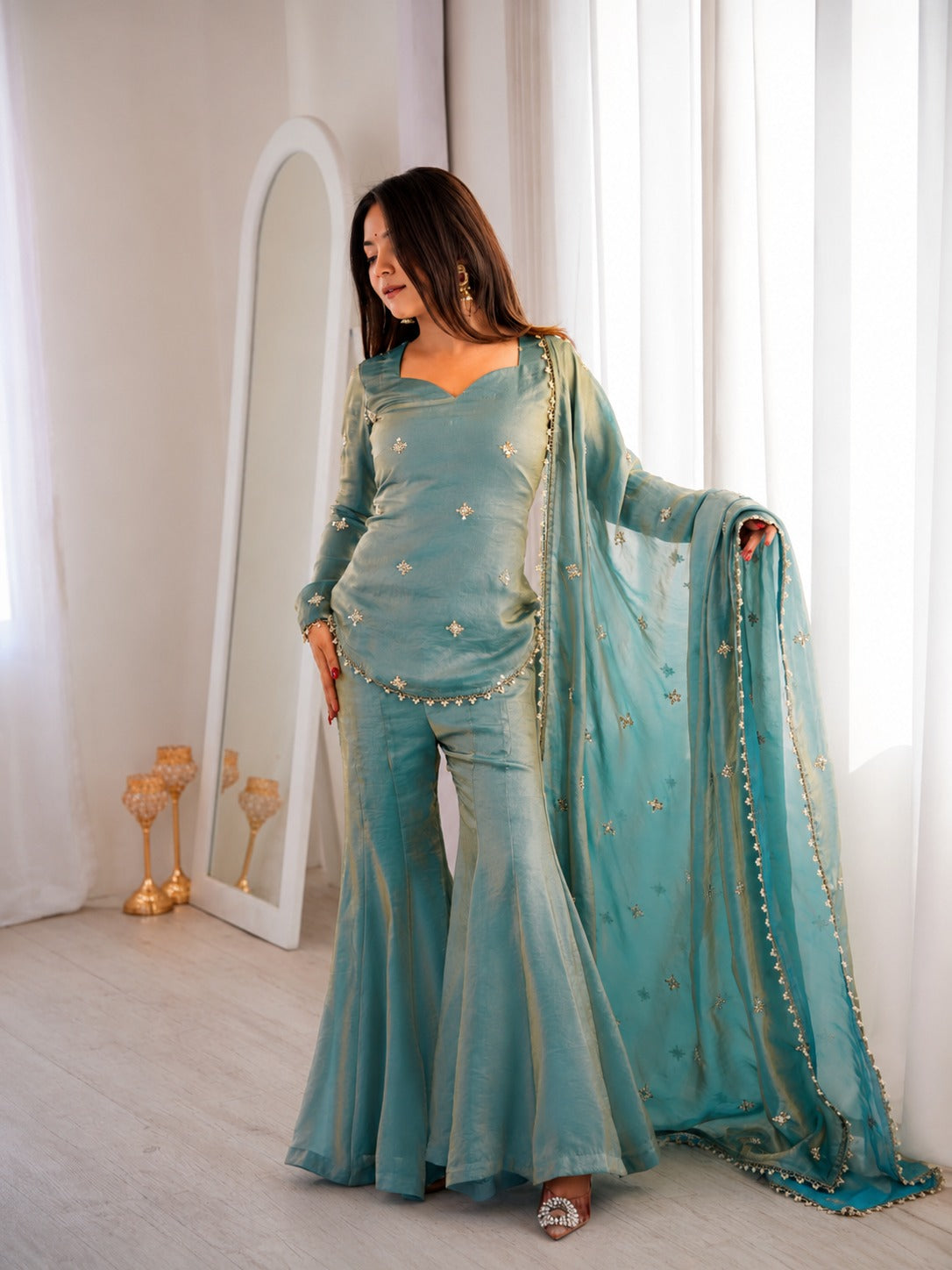 Sea Green Fendy Silk Embroidered Sequence Sharara Suit Set
