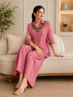 Pink Salsa Crushed Hand Work 3-Piece Co-Ord Set